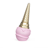 A studio shot of the 100ml perfume bottle, uniquely shaped like an ice cream cone with a golden cone topper and a light pink, melting ice cream base.